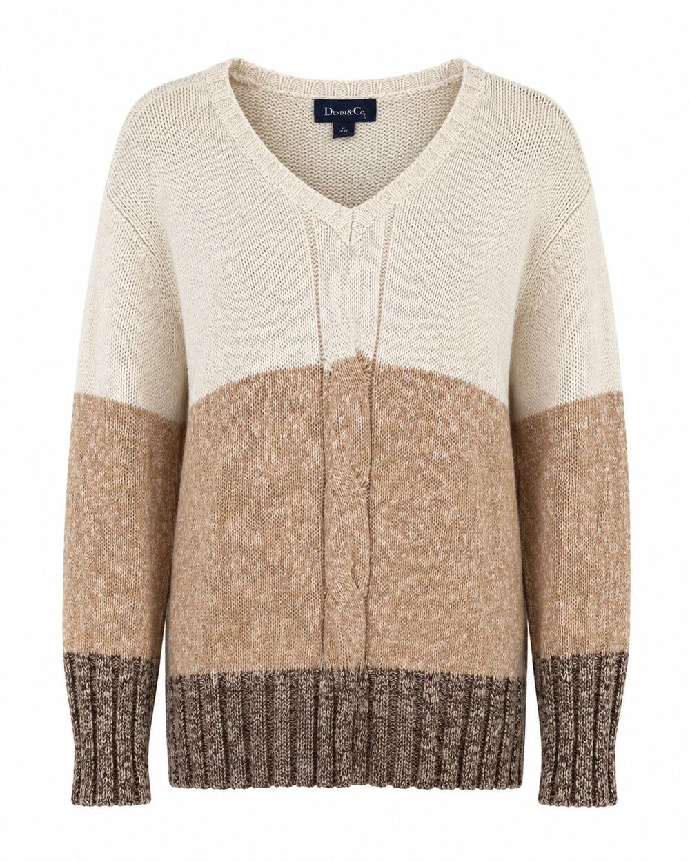 Denim & Co Colorblock Knit Sweater V Neck Neutral Coastal Cottagecore Womens XL